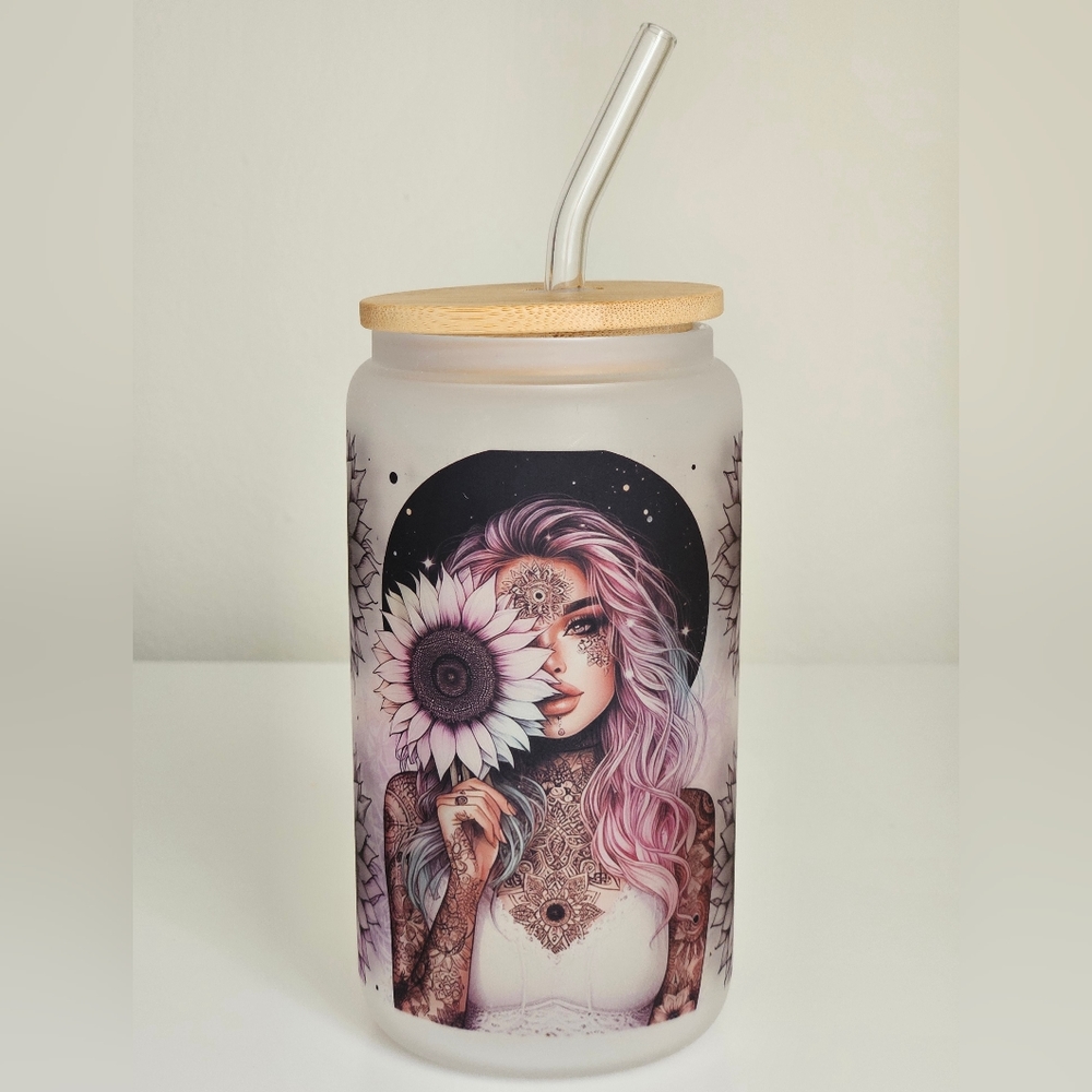 Sunflower Girl 16oz Frosted Beer Can Glass Cup